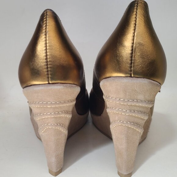 Vtg Steve Madden Gold Bronze Round Toe Platform Wedge Heel 7.5 - Picture 3 of 16